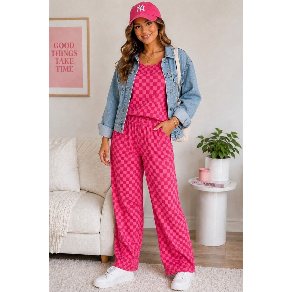 Jess Lea Check Yourself Checkered Lounge Set NWT Pink 2 Piece Wide Leg Pants L